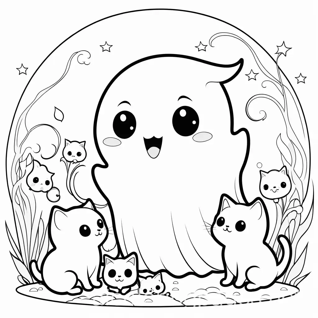 Cute-Little-Ghost-Playing-with-Kittens-Coloring-Page