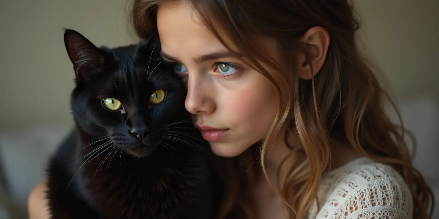 Mystical Encounter Girl Bonding with a Black Cat