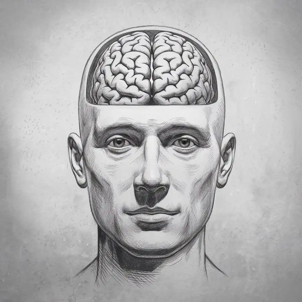 Human Head with Integrated Brain Sketch on White Background