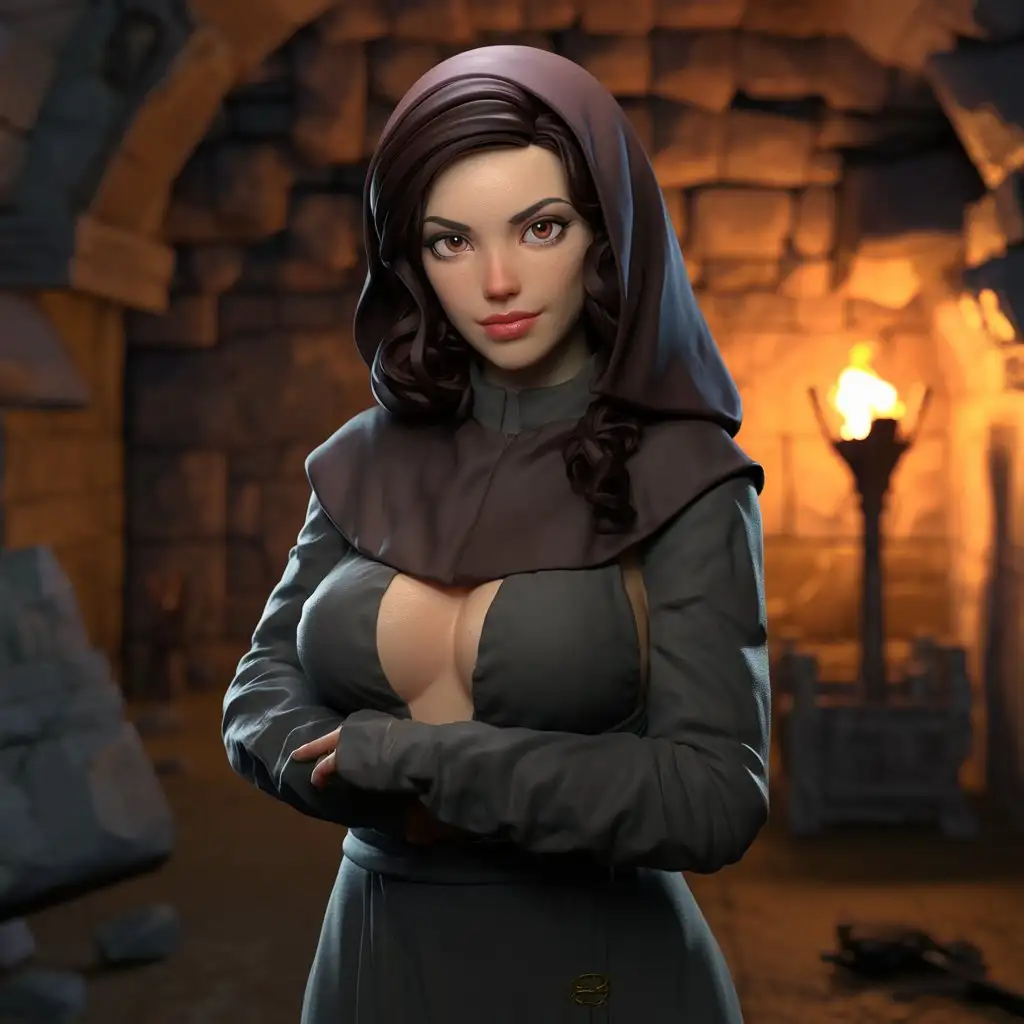 Sexy-Woman-in-Nun-Clothes-in-a-3D-Dungeon-Setting