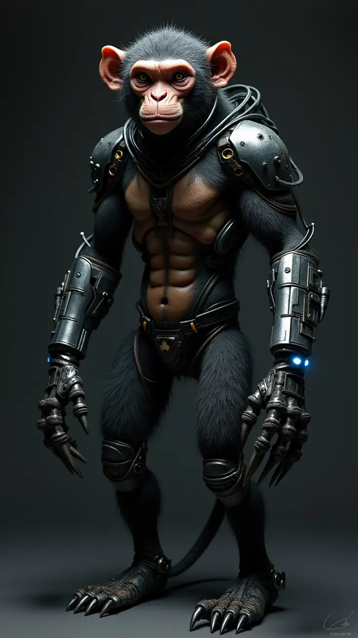 A dark, hyper-realistic depiction of Bitboy Leroy, an animal-robot hybrid monkey, with a seamless fusion of organic anatomy and cybernetic enhancements. Four arms dominate the design—two organic, muscular, and covered in matted fur, and two mechanical, crafted from sleek but rugged metal, with exposed wiring and glowing blue accents. Each cybernetic arm is equipped with sharp claws and retractable blades, matching the dangerous, experimental aesthetic.