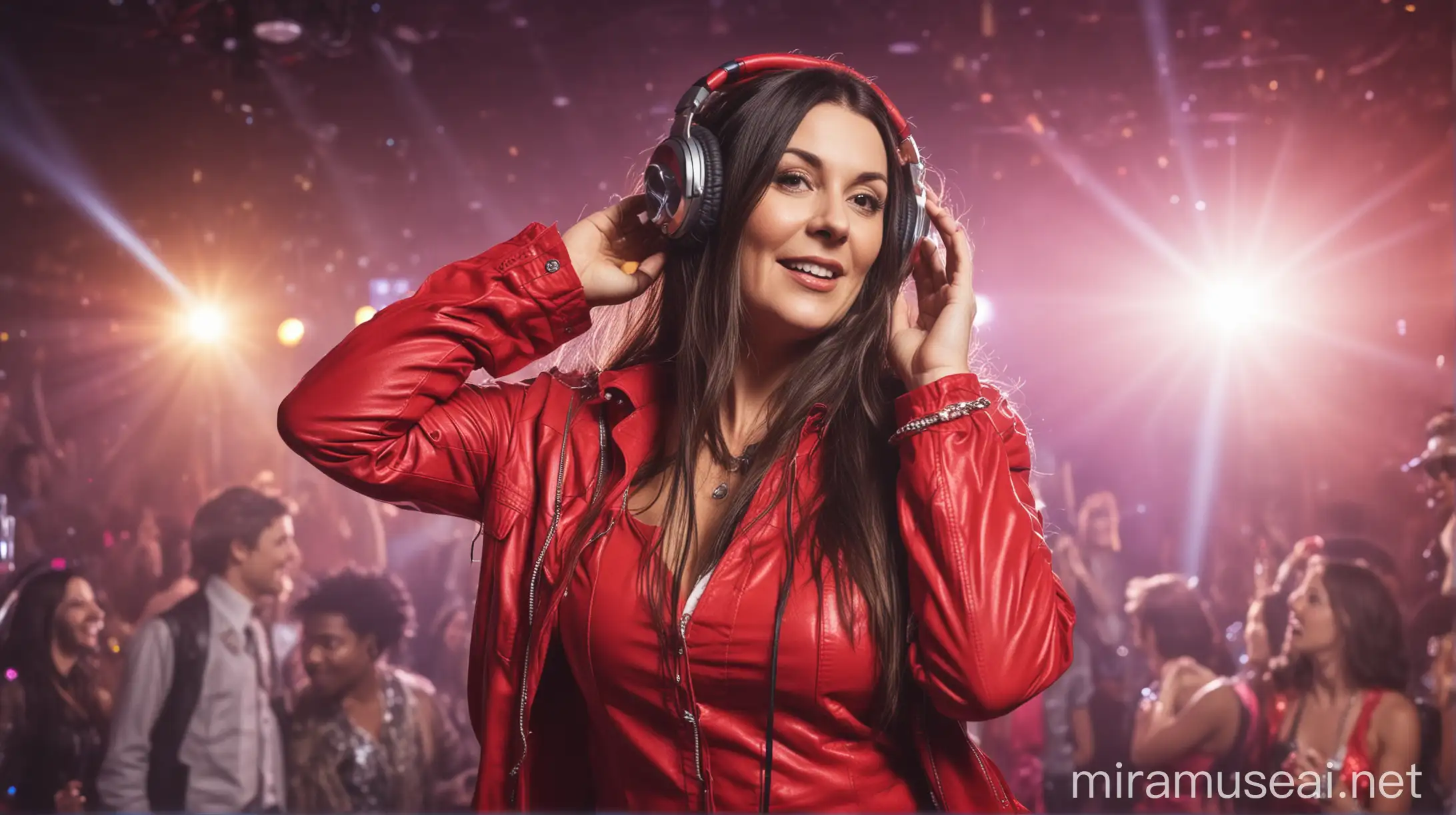 Curvy Mature Woman in Red Jacket with Headphones at Disco Party