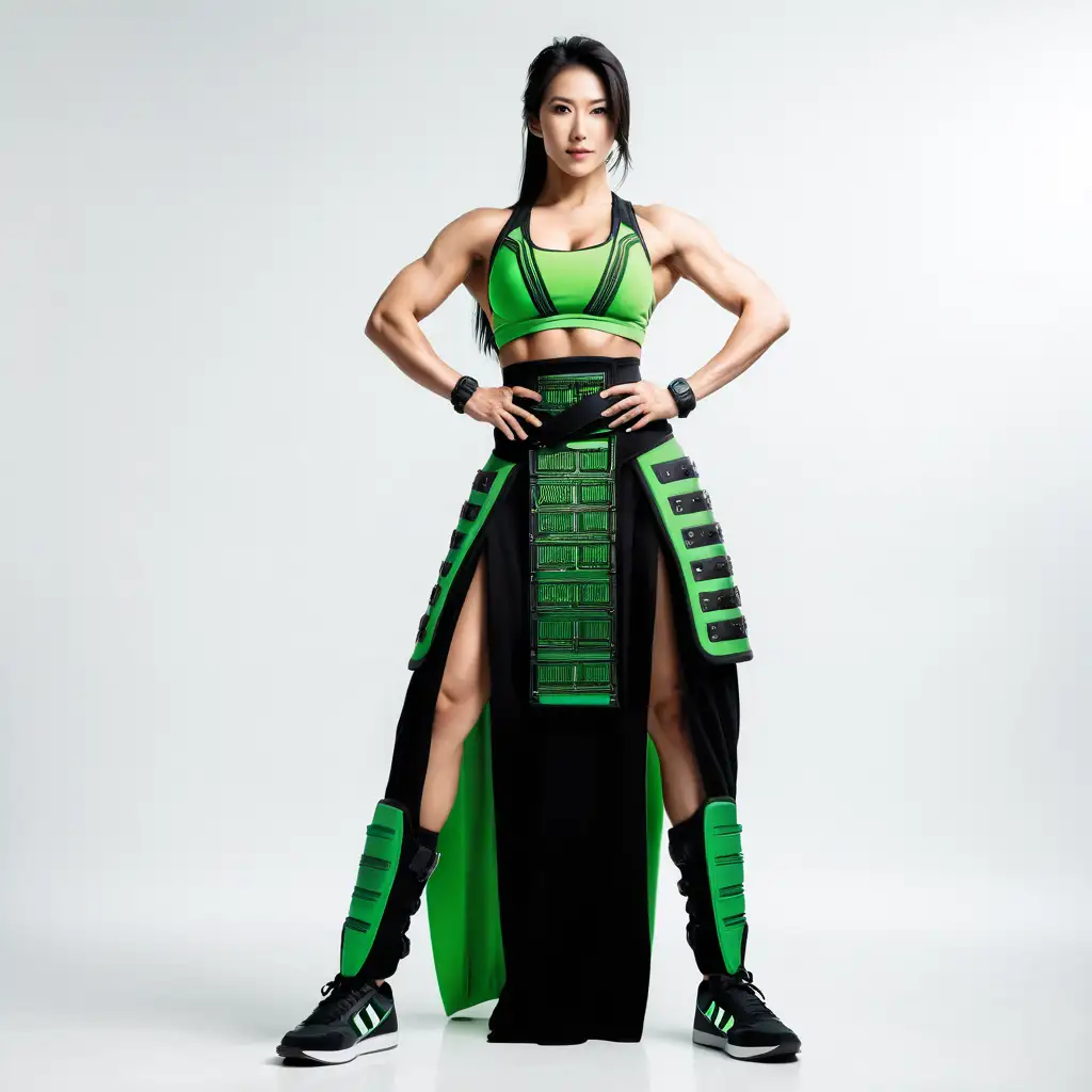Muscular Japanese Woman Bodybuilder in Green Armor