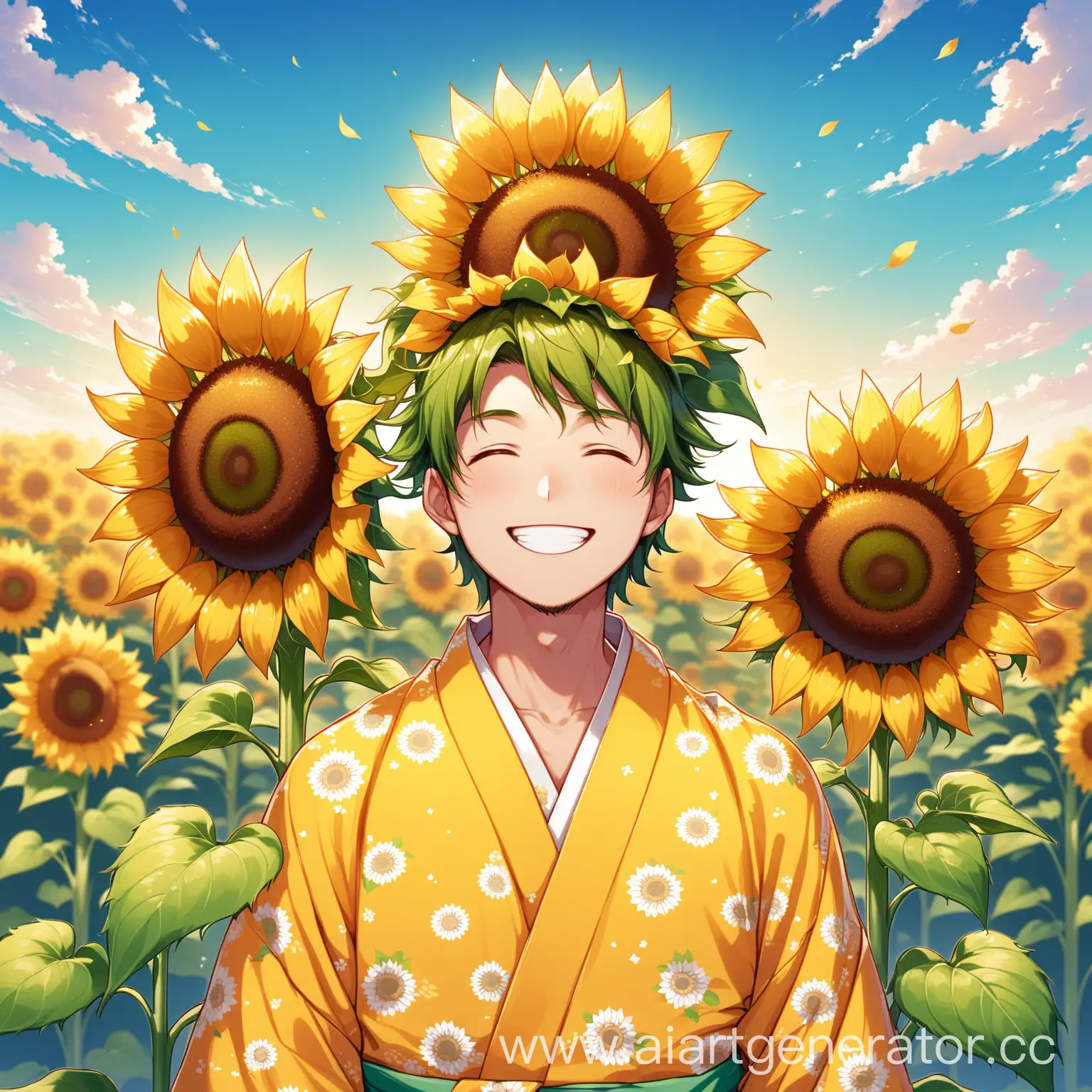 Man-in-Kimono-with-Sunflower-Growing-from-Head