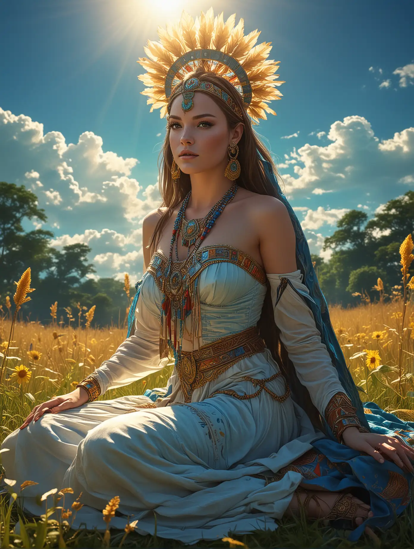 Surreal semi realism anime style of Tori Black, was cosplaying as mayan priestess sitting majestically on meadows field, blue sky with a amazing of raytacing of sunshine background, masterpiece art, unusual art. Her presence emanates an aura of power and mysterious, perfectly capturing the essence of an epic fantasy scene, vibrant, amazing raytracing light, colorful natural shape