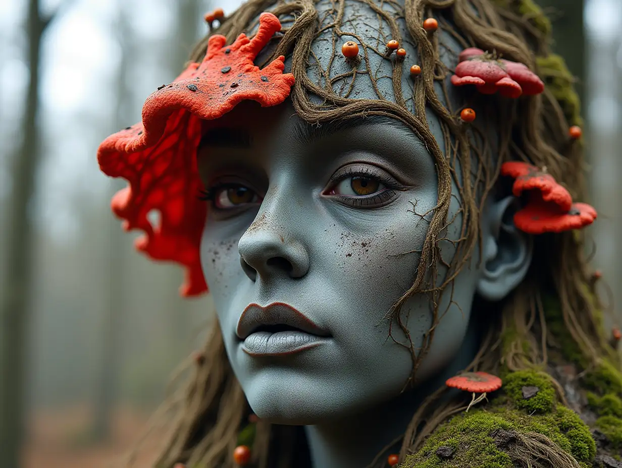 Face with grey and red Fly Agaric roots transformed into building