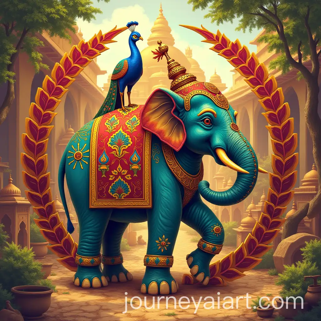 Cultural-Site-Logo-with-Stylized-Elephant-and-Peacock-in-Vibrant-Indian-Marketplace