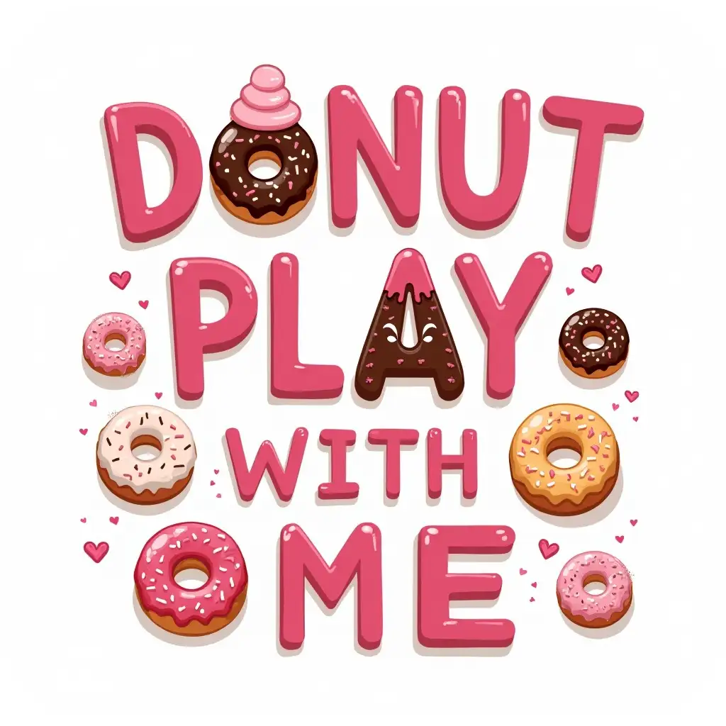 Create a playful t-shirt design featuring the phrase 'DONUT PLAY WITH ME' in bold, fun lettering. Surround the text with various **donut holes**, some filled with **creamy fillings**, others with **jelly**, and a few dusted with **sugar gloss** for that extra sweet touch. The donuts should have a glossy, irresistible look. The background should be all white to make the donuts and text stand out. The overall vibe should be fun, sweet, and slightly sassy!