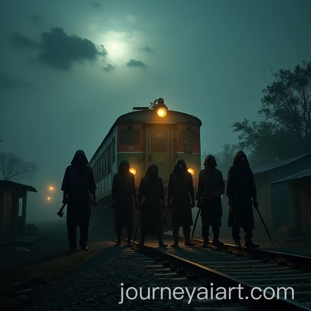 Ominous-Robbers-Blocking-Train-on-Railway-Track-at-Midnight-in-Rural-Bangladesh