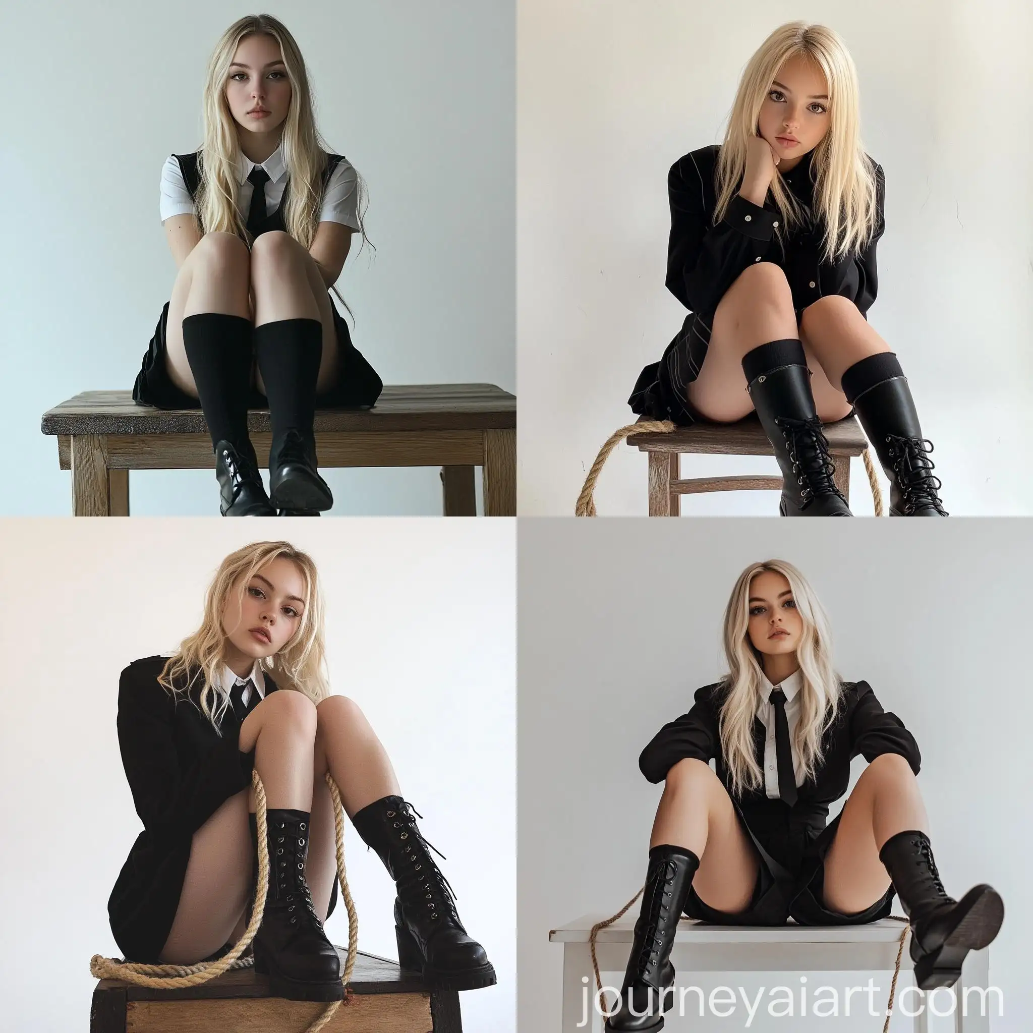 Young-Woman-in-Black-School-Uniform-Sitting-with-Raised-Knee-in-Photography-Studio