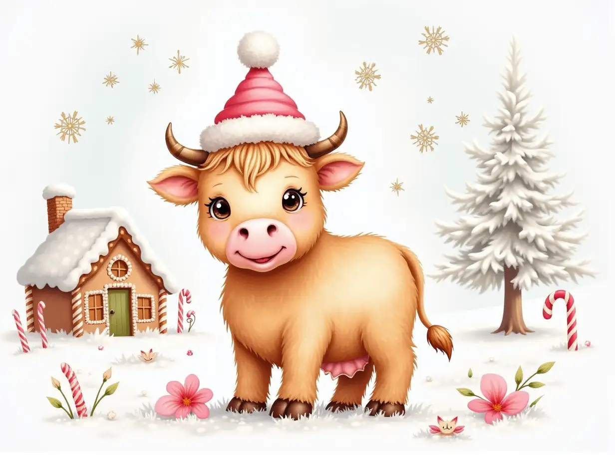 Watercolor. A cute Highland cow wearing a pink Santa hat stands in a winter wonderland. The cow is surrounded by sparkling snowflakes and delicate flowers. A gingerbread house sits in the background, adorned with candy canes and sugar cookies. The image should have a soft, whimsical aesthetic with pastel colors and shimmering textures. Detailed elements are essential, such as the fur of the cow, the frost on the snowflakes, and the icing on the gingerbread house.