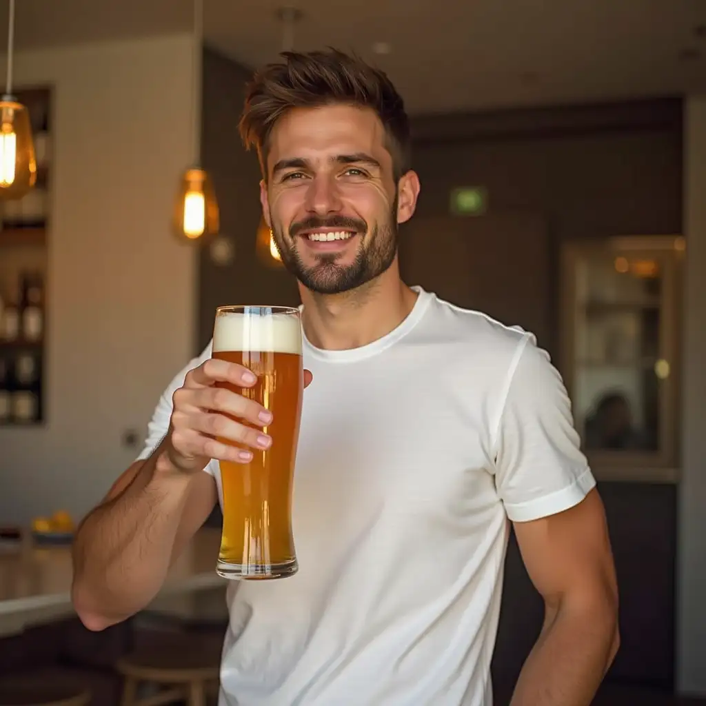 Man-Holding-Beer-with-Girls-Admiring-in-Casual-Setting