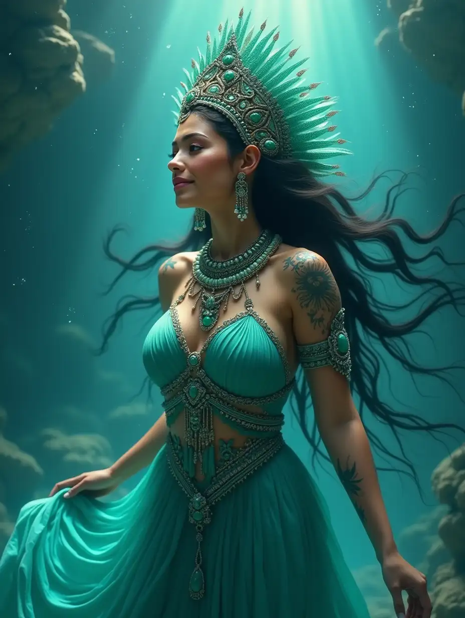 an extremely beautiful Goddess, Aztec goddess, Chalchiuhtlicue, water deity, flowing turquoise gown, intricate jade jewelry, ethereal beauty, soft smile, enchanted by the beauty of dreams, chubby, capturing the essence, mythical aura, goddess of rivers and seas, cultural richness, ancient mythology, digital painting, in the best quality, deep focus, art by Arny Freytag, concept art, matte finish, sharp focus, detailed illustration, aquatic atmosphere, underwater scene, reflective surfaces, divine presence, mythical symbolism, serene expression, cosmic lighting, mystical waters, atmospheric depth, fine art quality, movie poster, high quality, 4k, 8k, uhd