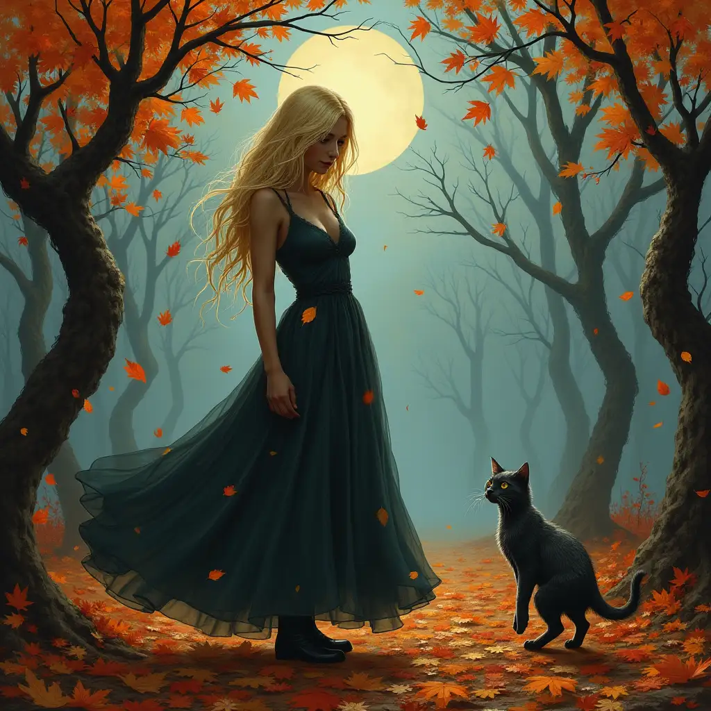 Blonde-Character-Surrounded-by-Autumn-Leaves-Under-a-Twilight-Sky