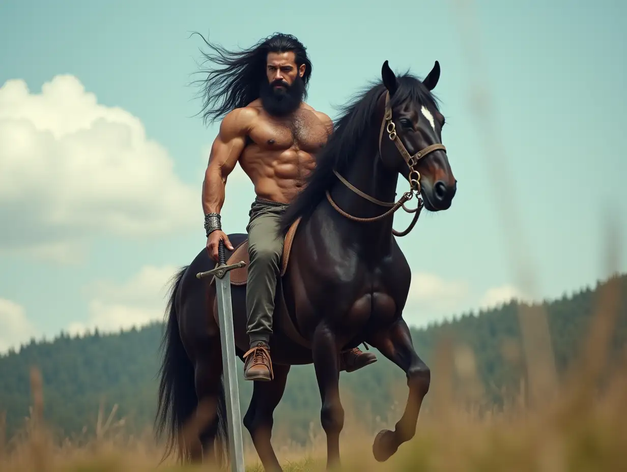 A handsome powerful centaur with a muscular human torso and an elegant and strong horse lower body, he is 20 years old, shaggy his whole body is very bushy, with his beautiful musculature with his 6 abs and 2 pectorals, and the man's head displays long flowing black hair with a shaved face beardless, he looks at us, he holds in his right hand a medieval sword, the centaur stands in a natural outdoor environment with a clear sky and clouds, natural colors, the scene is from the front in a low angle with breathtaking details like a realistic high-precision, high-definition, very detailed photography.