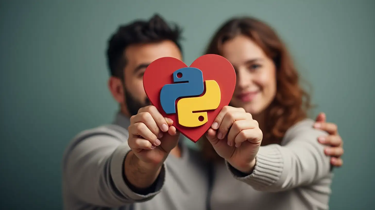 NonJudgmental Couple Holding a Heart with Python Programming Symbol