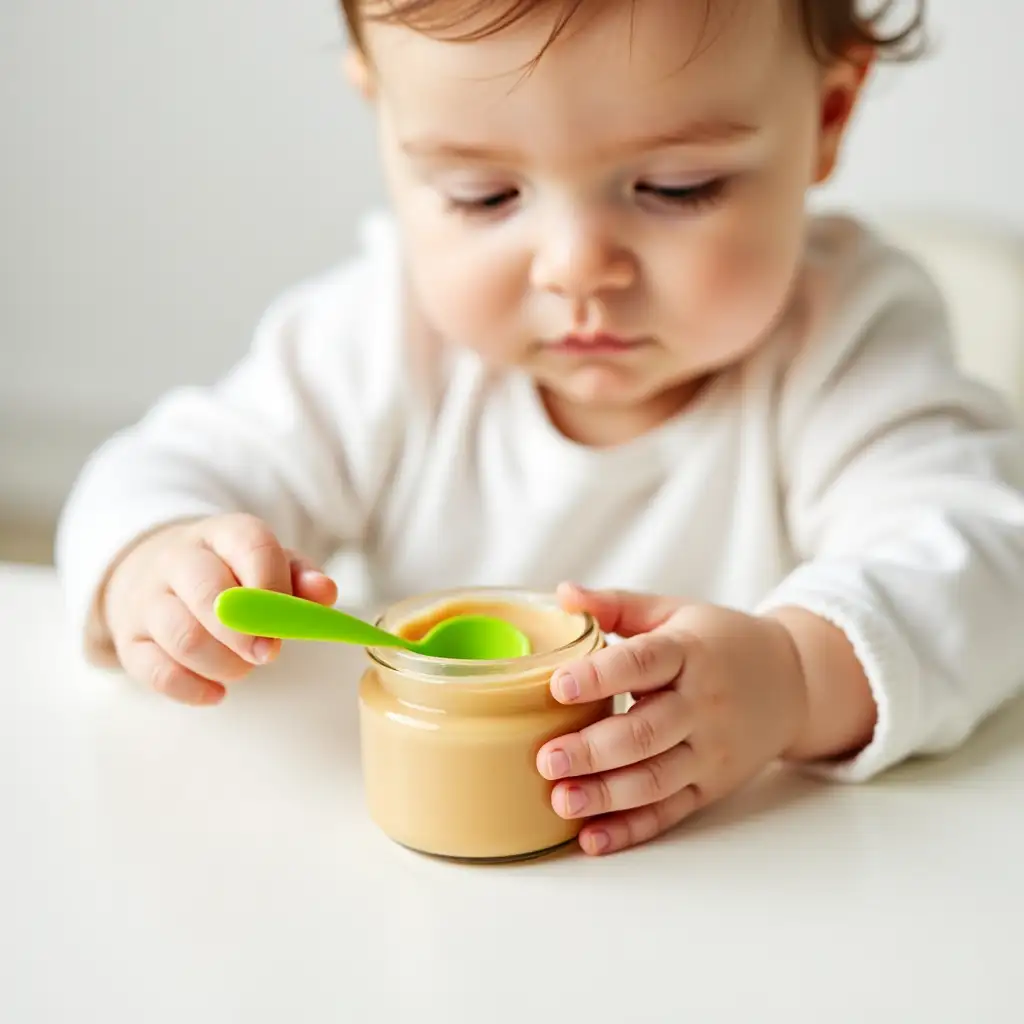 Baby-Holding-Jar-of-Puree-with-Green-Spoon-on-White-Surface