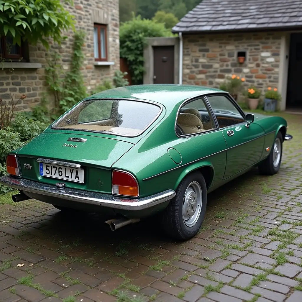 Old  green jaguar x-type on the profile