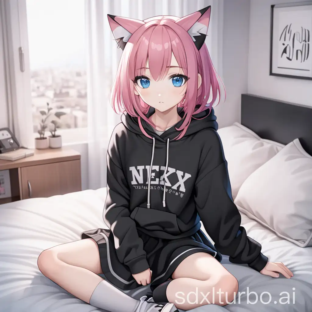 Cute Neko Girl Pink hair Blue eyes Black hoodie Black skirt Overknees Sitting on bed