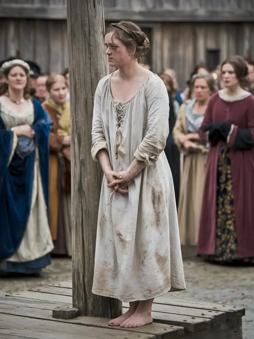 A Young Woman in 1700s French Fort Beside Wooden Pole