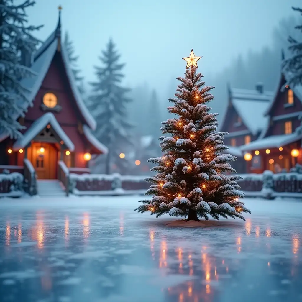 An ice rink with a large Christmas tree on the ice in a fairy tale village, blurred background