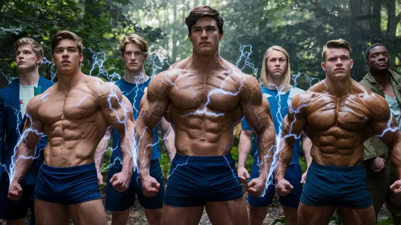 Athletic college guys transforming into immensely powerful musclegod superheroes. 25 years old. Blue electricity. Bold reverence.