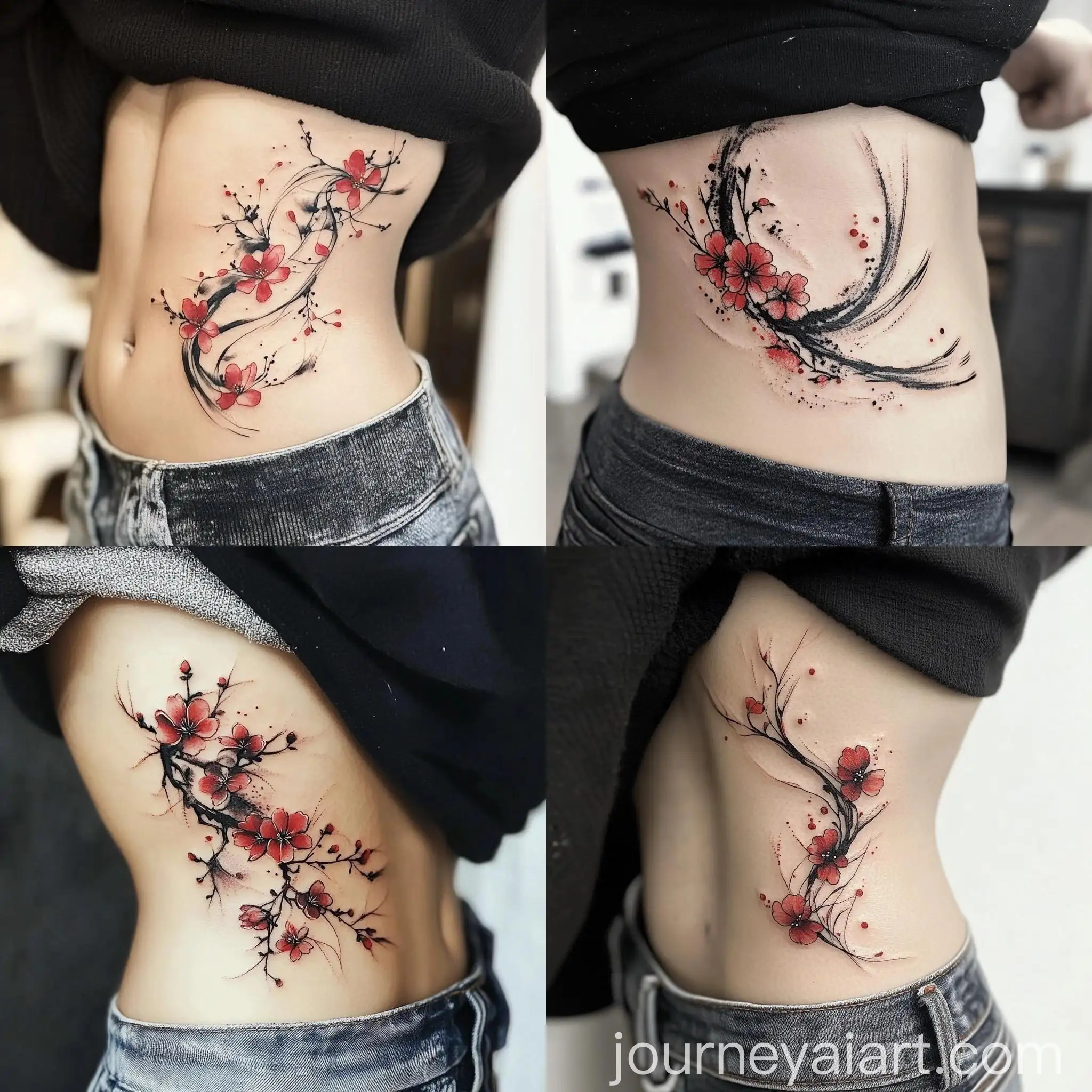 Tattoo-Design-Sakura-Branch-with-Red-Flowers-and-Brush-Strokes