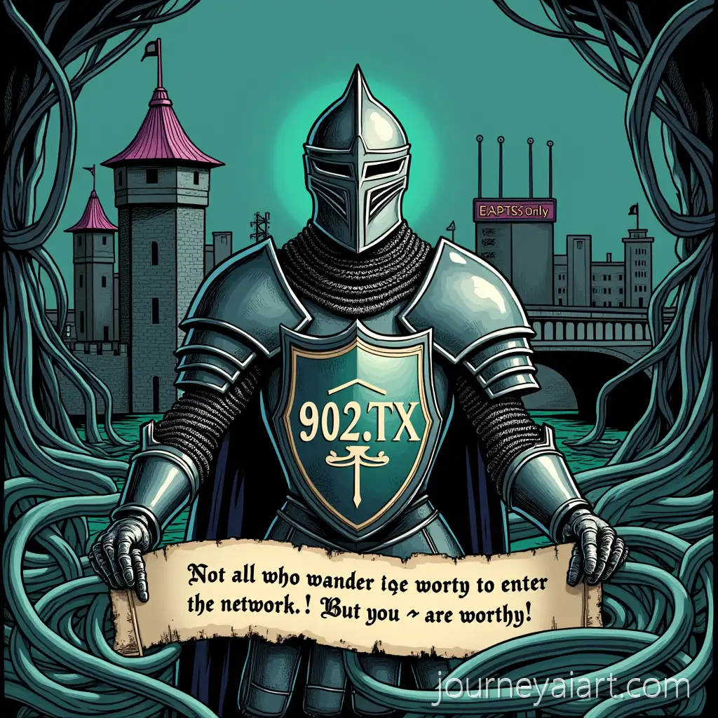 Knight-in-Armor-withKnight-with-Network-Shield-Network-Shield-and-CastleRouter-in-Digital-Heraldry-Design