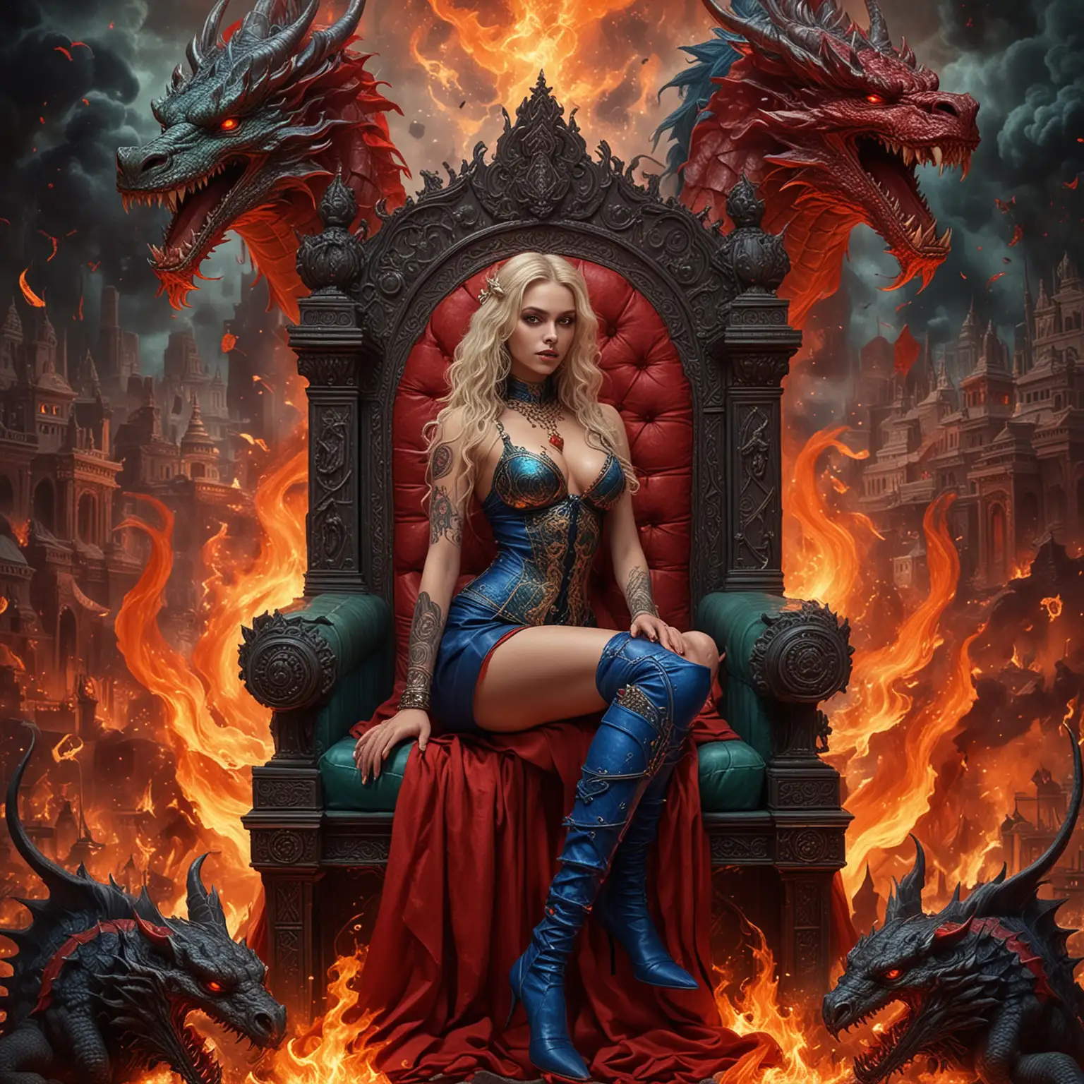 Adolescent Goddess Sorceress Commanding Fire Dragons in a Dark Palace