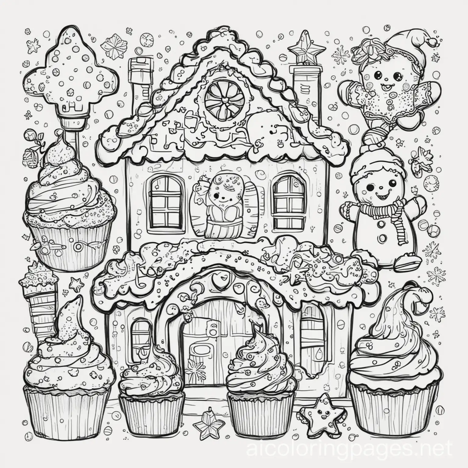 Kawaii-Christmas-Bakery-Coloring-Page-Featuring-Gingerbread-Men-and-Festive-Cupcakes