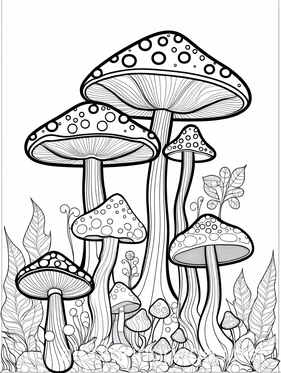 Whimsical Mushrooms Mushrooms with playful and exaggerated shapes and sizes, Coloring Page, black and white, line art, white background, Simplicity, Ample White Space. The background of the coloring page is plain white to make it easy for young children to color within the lines. The outlines of all the subjects are easy to distinguish, making it simple for kids to color without too much difficulty