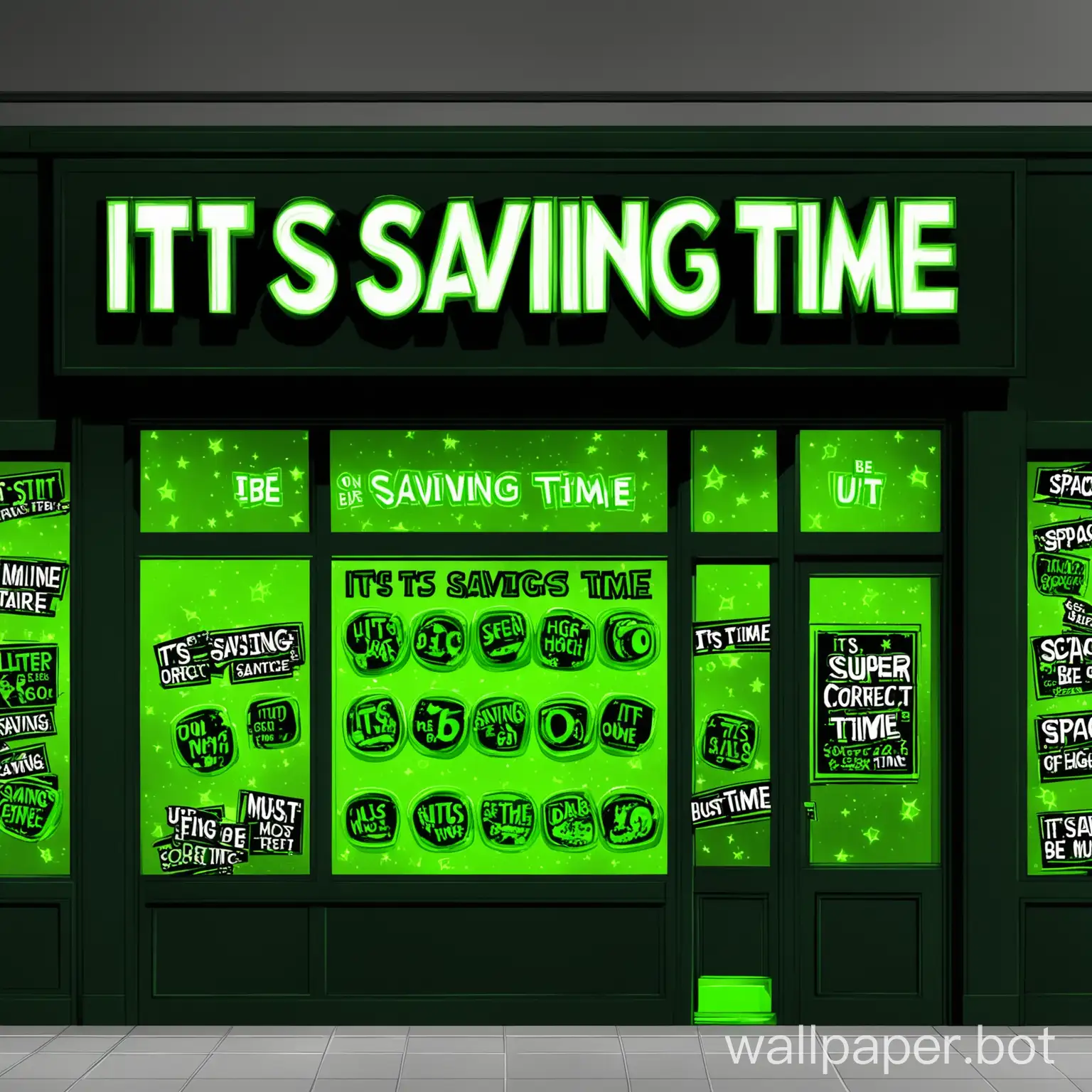 ben 10 inspired store with catchphrase "its savings time" super dark green and high quality signs letter must be correct and spaced out
