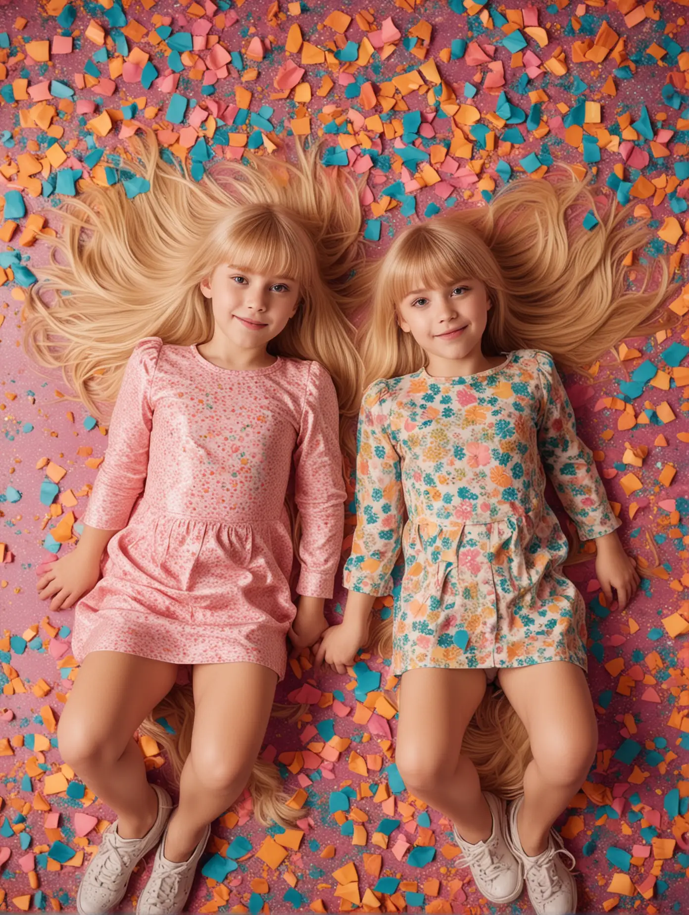 Two-Adorable-Young-Girls-with-Long-Blonde-Hair-Lying-Down-on-Psychedelic-Background