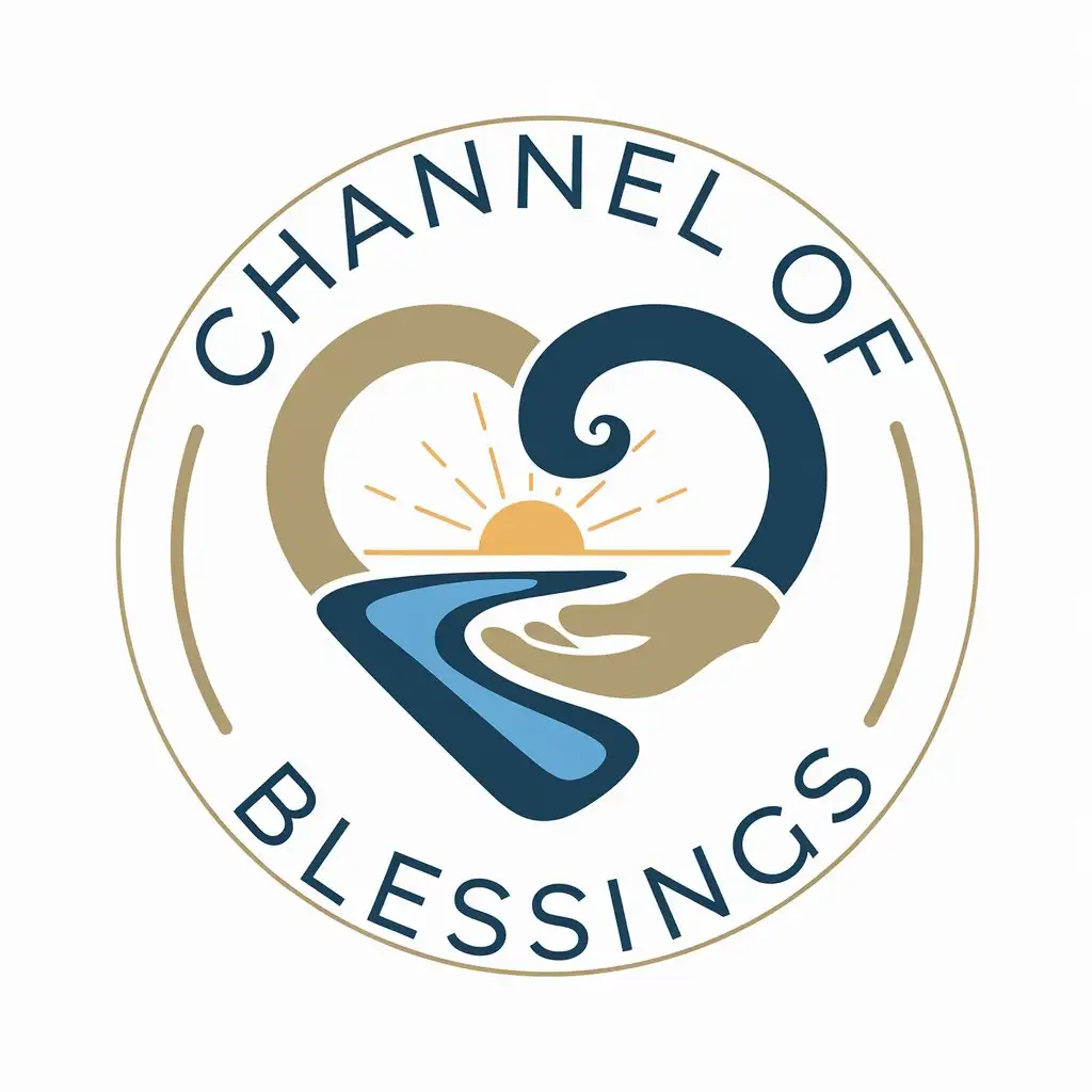 LOGO Design for Channel of Blessings HeartShaped River with Hand Sunrise and Soft Typography