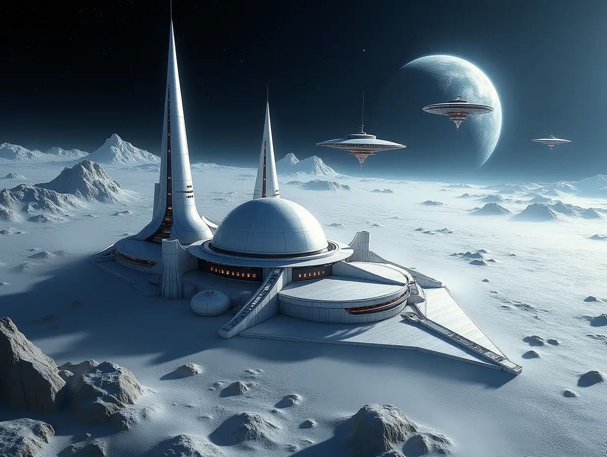 A futuristic base on the moon with futuristic design, white silver color, with towers, globe shape, 5 lighting UFOs fly near, view of earth. Dynamic lighting. High angle.