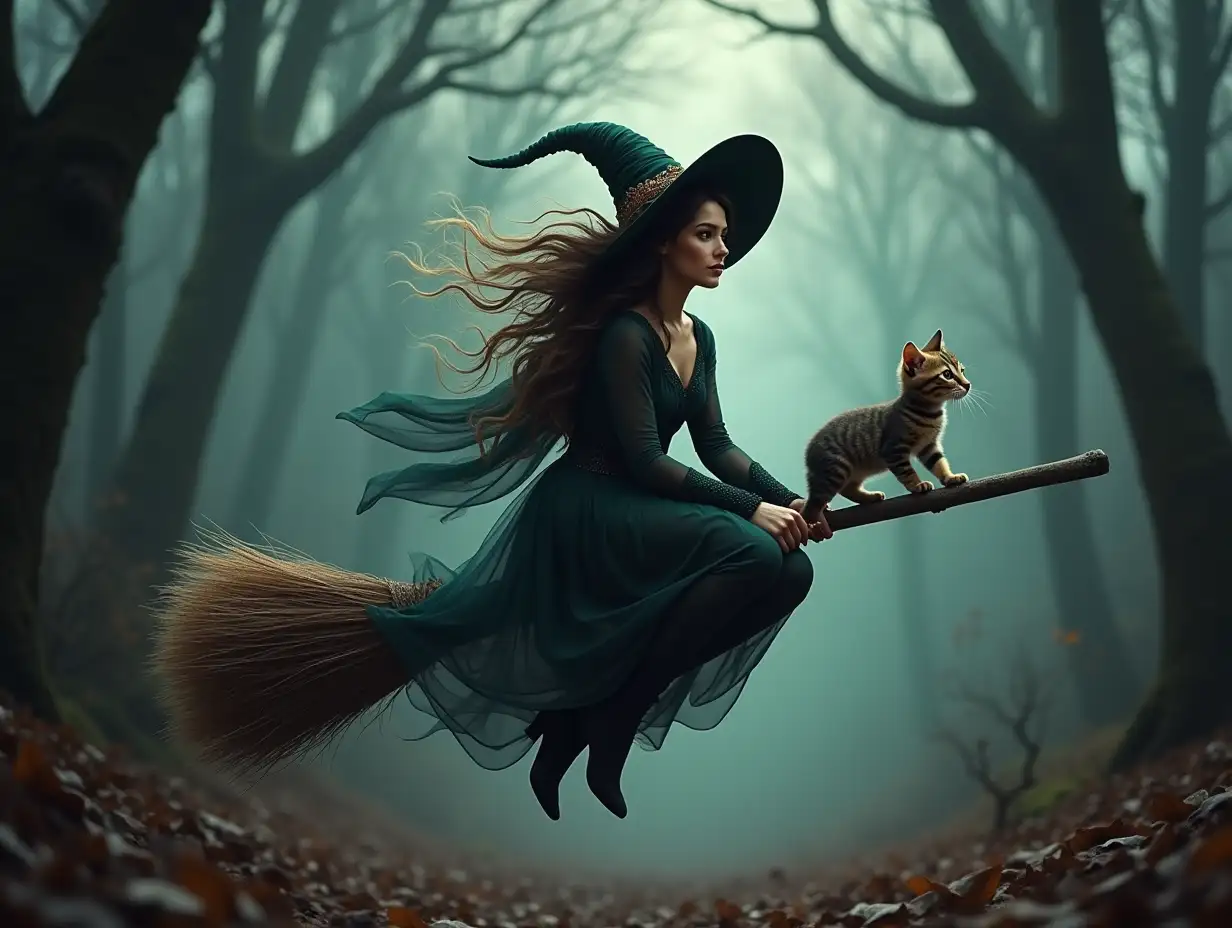 Glamorous Witch and Kitten Broom Ride in a Haunted Forest