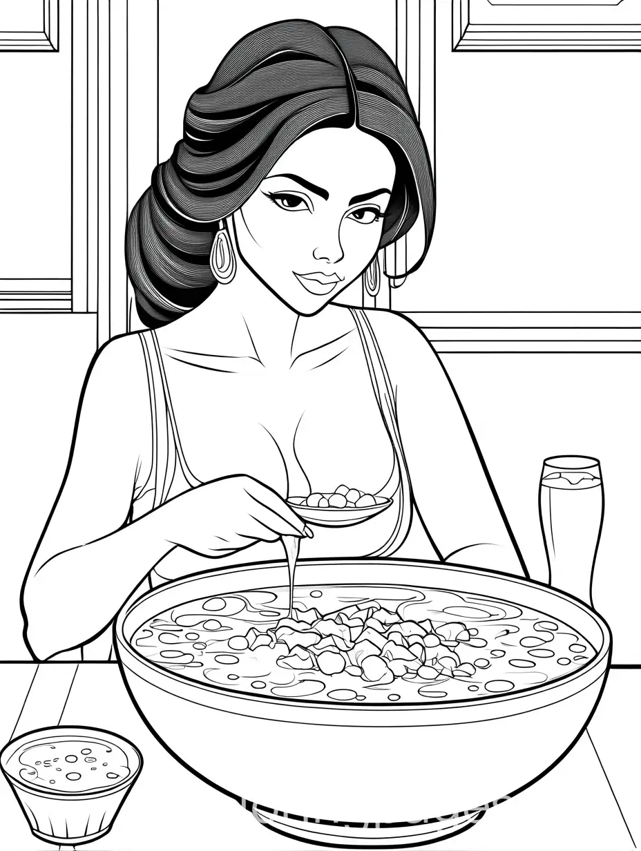 Mexican-Girl-Enjoying-Pozole-with-Beer-in-Line-Art-Style