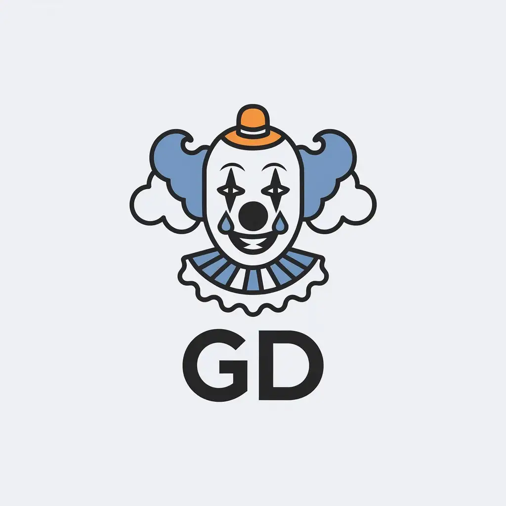 a vector logo design,with the text "GD", main symbol:Clown and clouds along with letters GD,Minimalistic,be used in technology industry,clear background