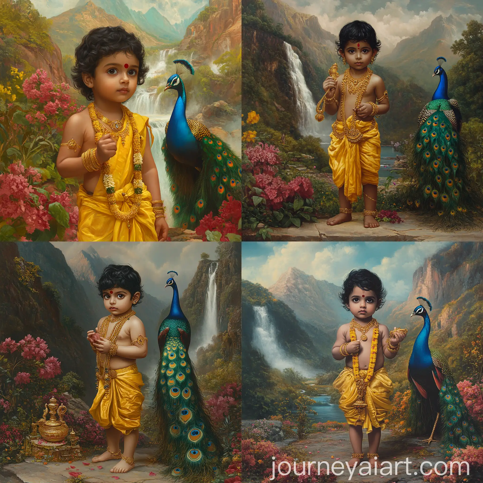 Realistic-Toddler-Boy-of-Indian-Descent-Holding-Vel-Icon-with-Peacock-in-Arali-Flower-Garden
