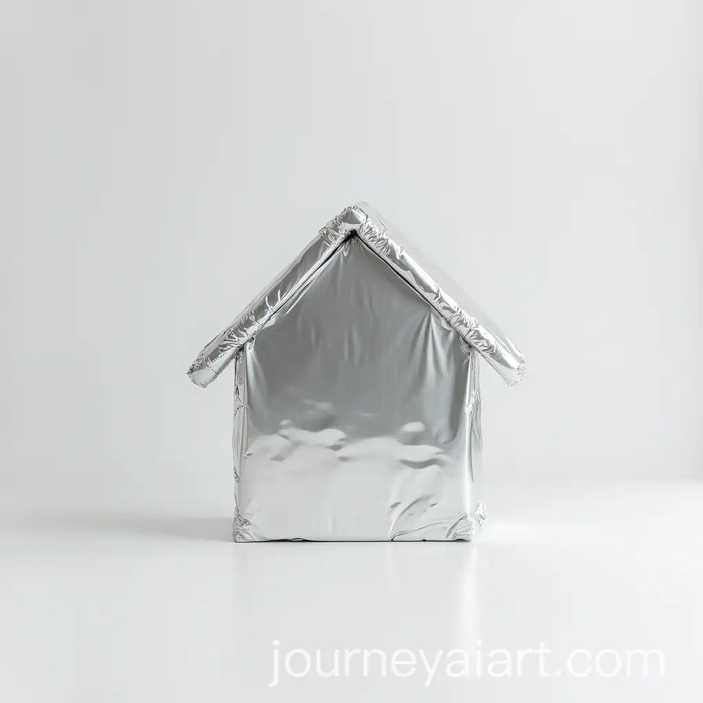 Silver-Wrapped-House-Shaped-Object-in-Minimalist-White-Room