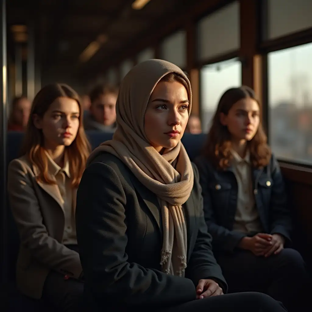 A very realistic and accurate portrait of a wealthy woman in her thirties wearing a headscarf on a train with her two daughters and son sitting next to her, lost in thought on the way and reminiscing about her life, a sad and dramatic mood. The lighting is morning and natural, highlighting the fine details of their clothes, facial expressions and textures. The image is presented in 4K resolution with cinematic quality shading, realistic texture and dynamic lighting.