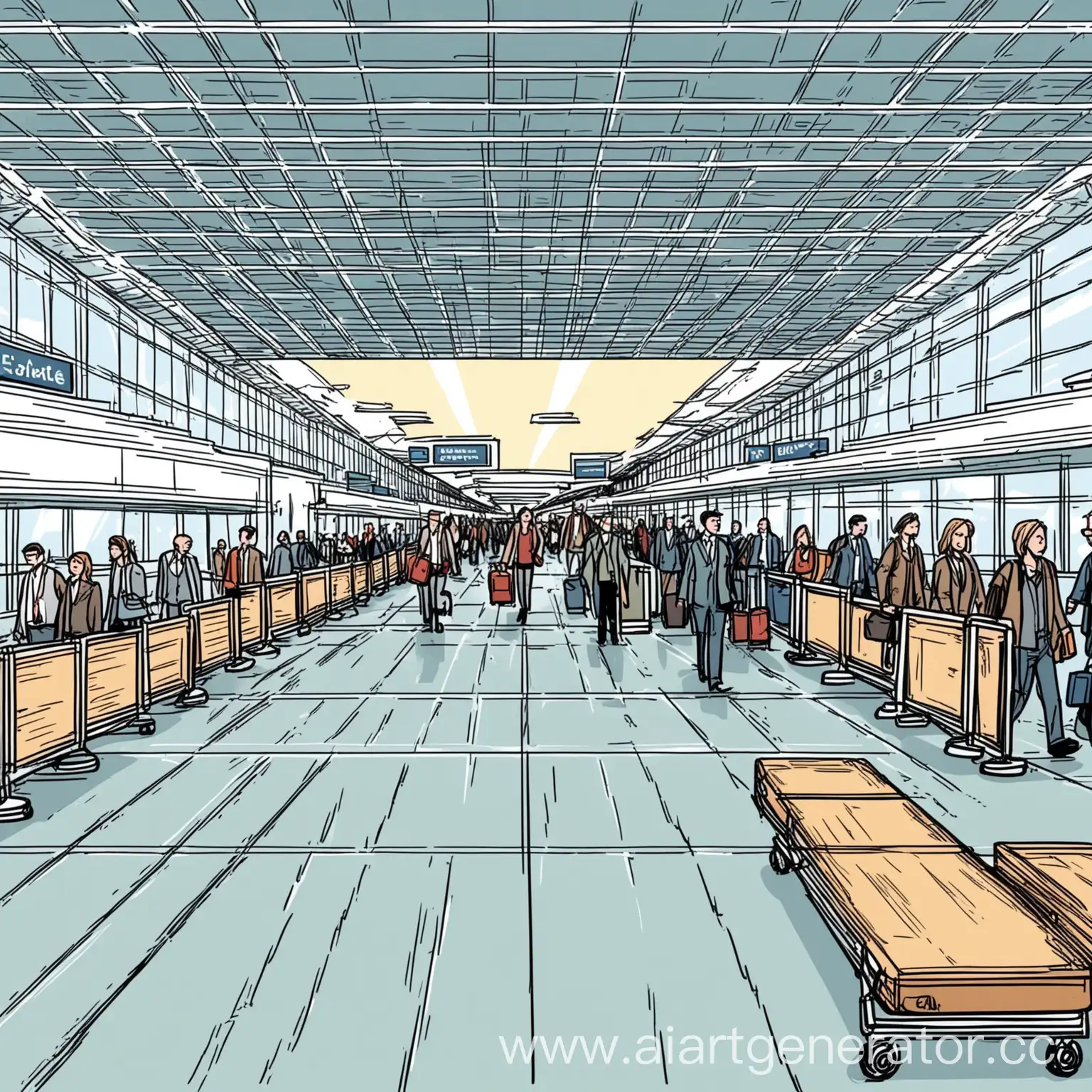 Comic-Style-Airport-Scene-with-Travelers-and-Flight-Boards