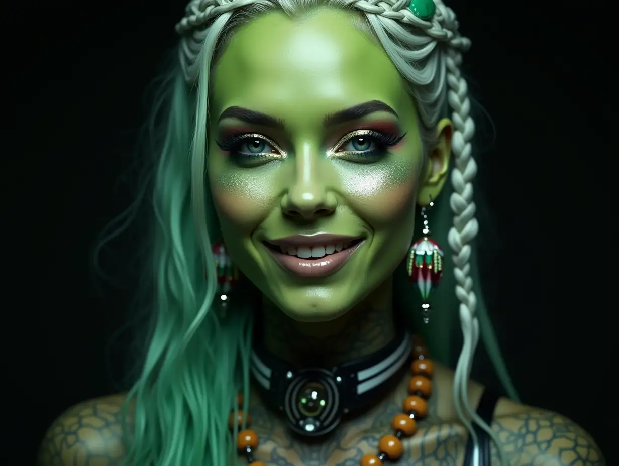 Representation of a beautiful green woman with makeup, shimmer around the eyes with a smile on her face-tattoo, futuristic long white and black-white checkered hair and laced boots, with intricately detailed, colorful and futuristic jewelry. Black background blurred 120-mm shot