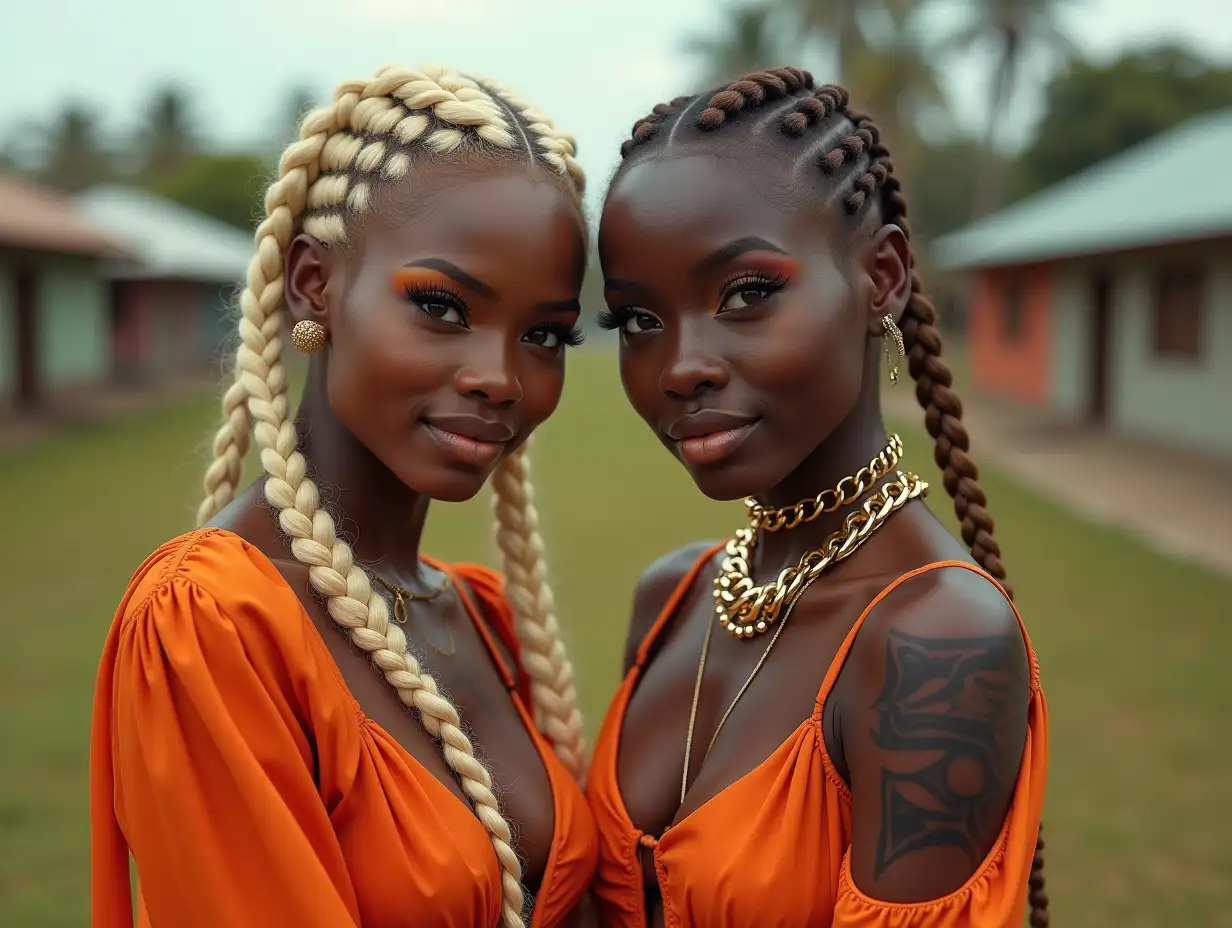 Two white, round Pin-up women with golden braids, wearing makeup, an orange deep cut blouse, tattoos, golden ball chains, white lipstick emphasizing their smile, black skin, in a park with many houses in cyberpunk colorful Brazil, 8k quality