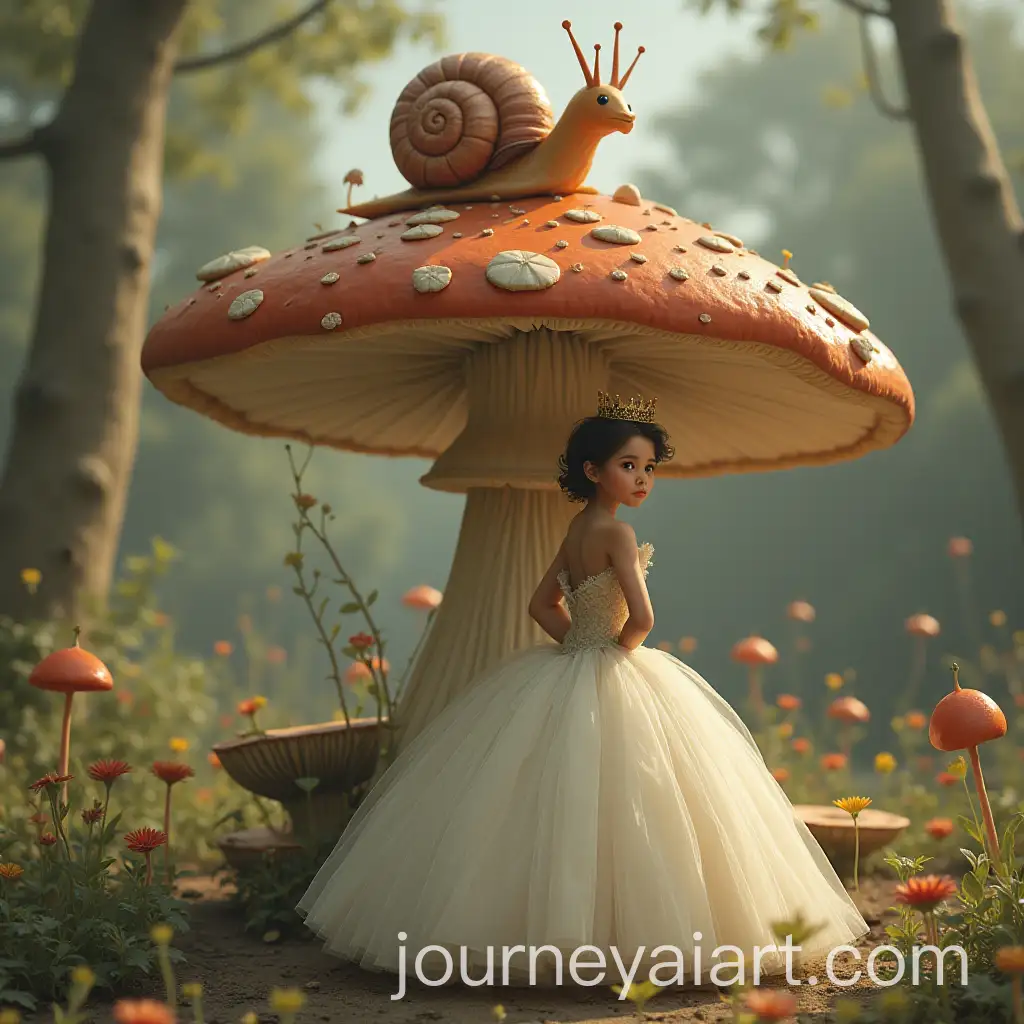 Little-Princess-in-Puffy-Gown-with-Crown-Standing-Before-Giant-Mushroom-and-Snail