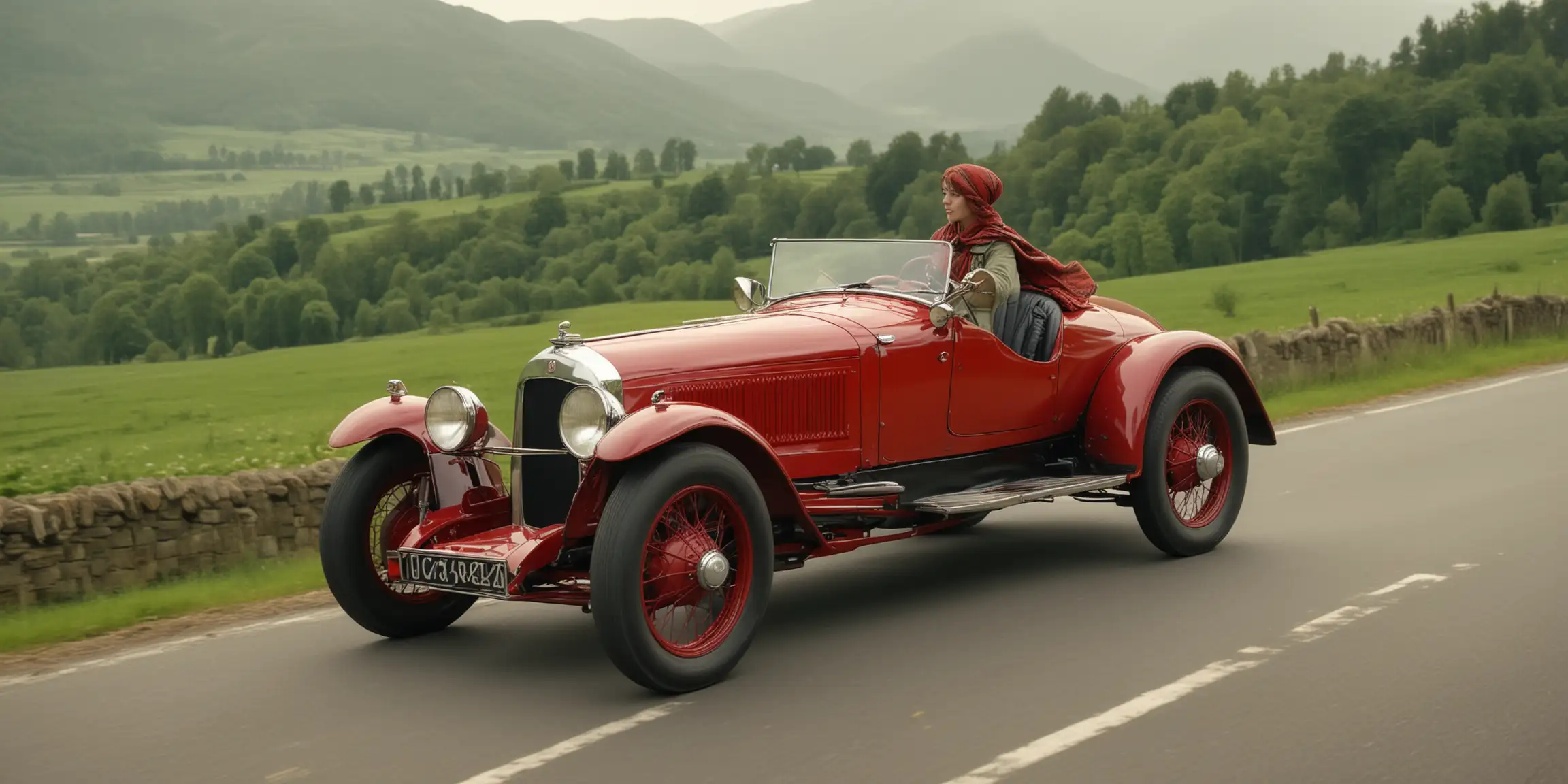 1920s Vintage Red Sports Car Speeding Through Lush Green Landscape