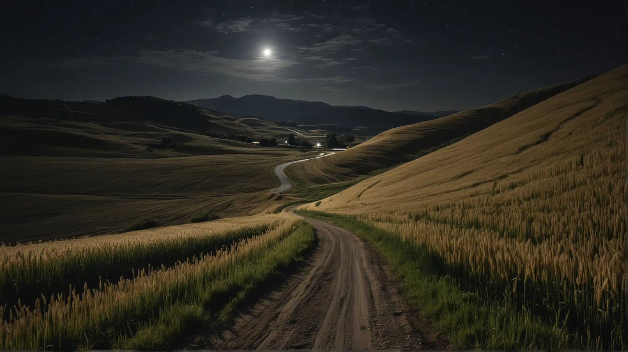 Curving Road Through Hills at Night with Wheat Field