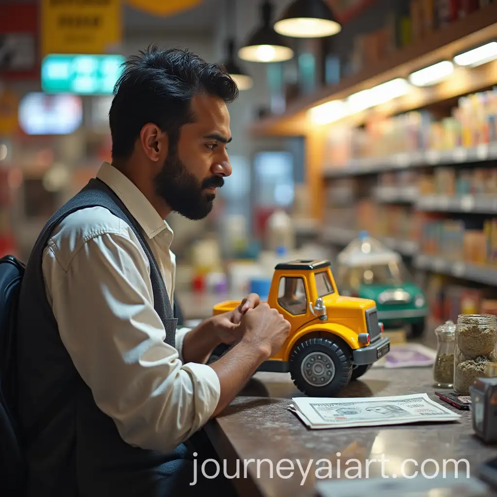 Indian-Man-Buying-a-Toy-in-Dubai-in-Casual-Work-Attire