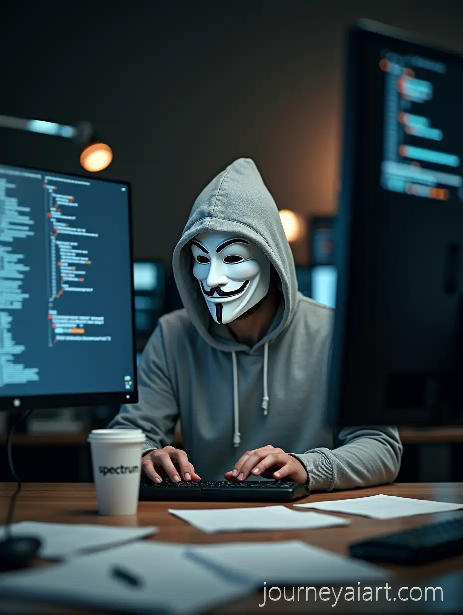 Focused-Man-in-Hoodie-and-Mask-Working-with-Data-and-Code-in-Modern-Office
