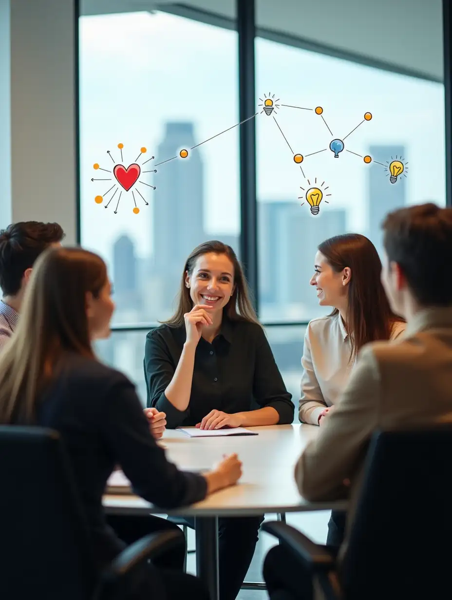 A group of diverse professionals, both men and women, sitting around a round table in a modern office. They are engaged in a relaxed, thoughtful conversation, with smiling and reflective expressions. The background shows a large window with a city skyline view, representing an urban corporate setting. Floating around them are icons such as a heart (symbolizing well-being), network lines (representing connection), and light bulbs (signifying ideas and learning). The atmosphere is calm, supportive, and focused on teamwork, resilience, and personal growth.